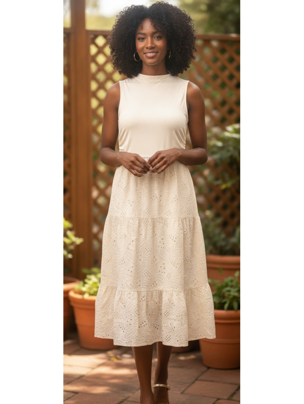 PrettyGarden Sleeveless Cream Eyelet Midi Dress, Size L